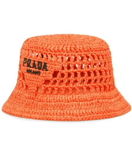 Prada Raffia Embroidered Logo Bucket Hat